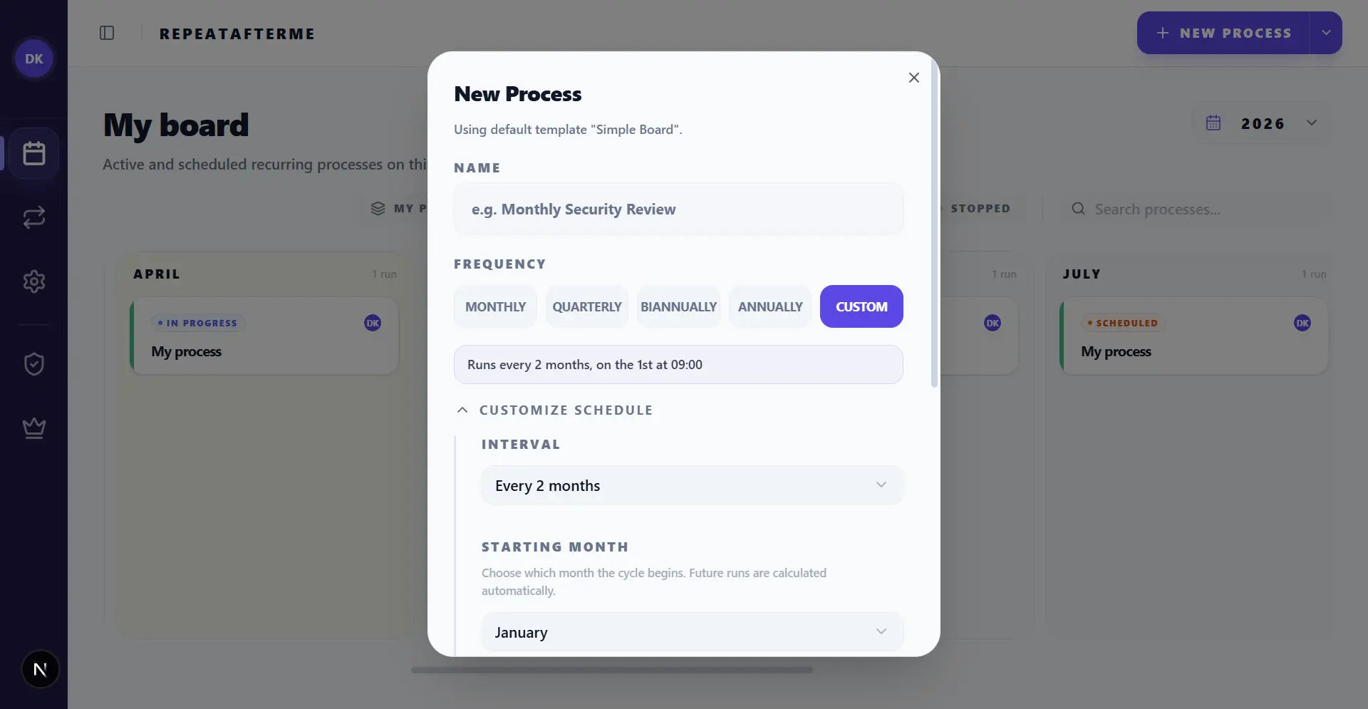Process creation with schedule configuration